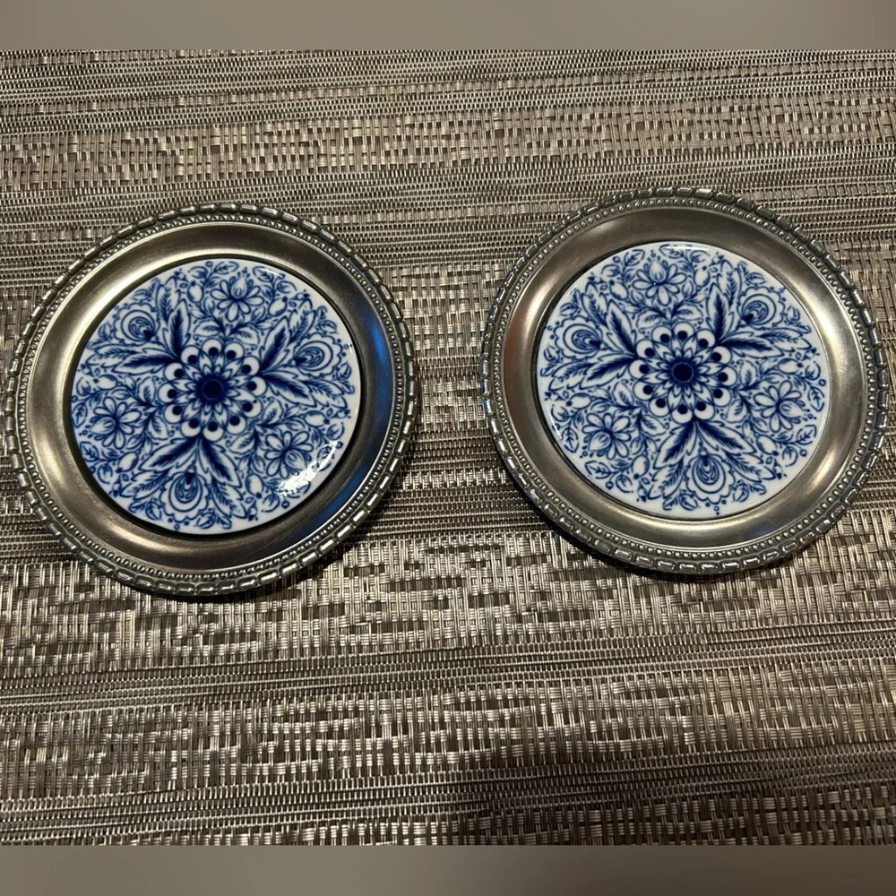 Handcast Pewter&Tile Coasters 4” Blue Porcelain Inlay. Set of 2 Made in Holland